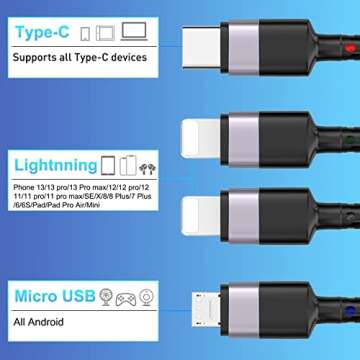 6 IN 1 Multi Universal Charging Cable 10ft, USB C Multi Charging Cable Nylon Braided Fast Charging C...