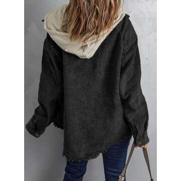 Dokotoo Womens Winter Fall 2024 Corduroy Shacket Jackets Long Sleeve Flannel Shirts Button Down Shirts Contrast Color Block Oversized Hooded Ripped Outerwear with Pockets Black XX-Large