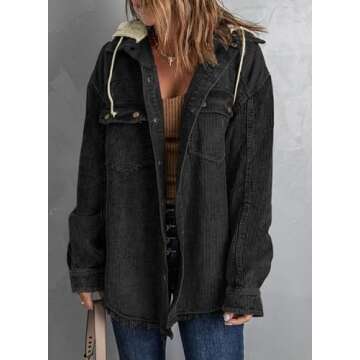 Dokotoo Womens Winter Fall 2024 Corduroy Shacket Jackets Long Sleeve Flannel Shirts Button Down Shirts Contrast Color Block Oversized Hooded Ripped Outerwear with Pockets Black XX-Large