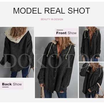 Dokotoo Womens Winter Fall 2024 Corduroy Shacket Jackets Long Sleeve Flannel Shirts Button Down Shirts Contrast Color Block Oversized Hooded Ripped Outerwear with Pockets Black XX-Large