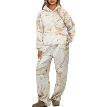 Camo Sweatsuits for Women Set 2 Piece Long Sleeve Pine Print Camo Hoodie & Wide Leg Camo Sweatpant P...