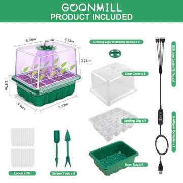 GOONMMILL Seed Starter Tray with Timed Grow Light, 5 Packs Plant Starter Tray Seedling Starter Kit with Humidity Domes Base Indoor Greenhouse Mini Propagator Station for Seeds Growing Starting