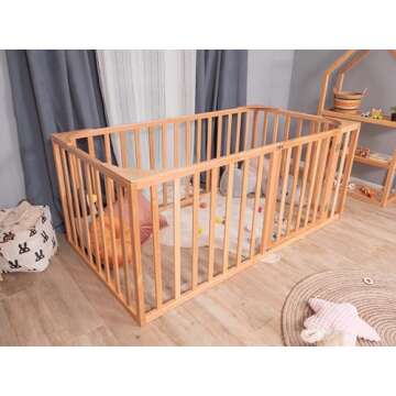 Montessori Toddler Bed with Rails Playpen Bed for Kids Girls & Boys - Busywood Montessori Floor Bed (High Fence & Door) Custom Options Floor Bed (Small, Twin, Full, Queen, King) 10 Colors. (Model 20)