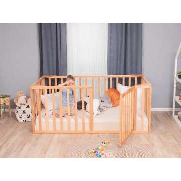 Montessori Toddler Bed with Rails Playpen Bed for Kids Girls & Boys - Busywood Montessori Floor Bed (High Fence & Door) Custom Options Floor Bed (Small, Twin, Full, Queen, King) 10 Colors. (Model 20)