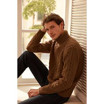 GRACE KARIN Men's Casual Turtleneck Sweater Twisted Pattern Warm Pullover Coffee L