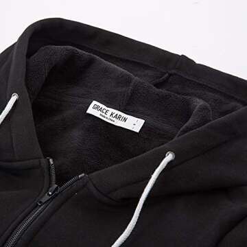 GRACE KARIN Loose Pocket Zipper Fleece Tunic Sweatshirt Hoodies Outwear Black Size M CL133-1