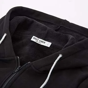 GRACE KARIN Loose Pocket Zipper Fleece Tunic Sweatshirt Hoodies Outwear Black Size M CL133-1