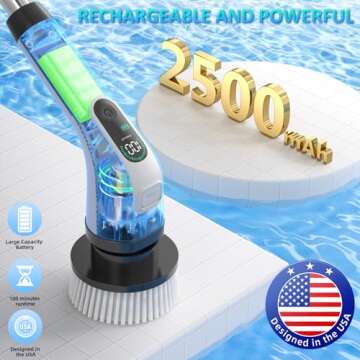 Electric Spin Scrubber, IPX7 Waterproof Power Shower Scrubber with Extension Handle, 7 Replaceable Brush Heads & 3 Hard Bristle Crevice Cleaning Brushes Cleaning Supplies for Bathroom Tub Tile Floor