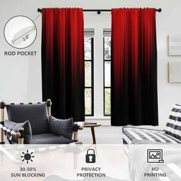 AAtter Red and Black Window Curtain Ombre Boho Pattern Simple Gradient Design Living Room Bedroom Window Drapes Treatment Fabric 1 Pair, 42" W x 63" L, Modern
