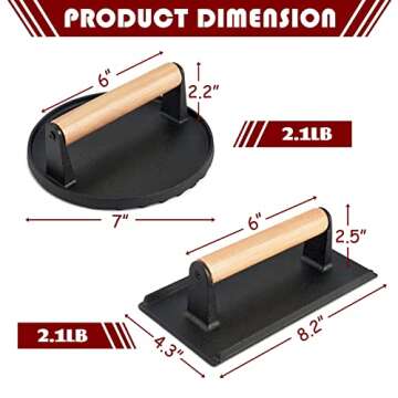 HaSteeL 2Pcs Cast iron Bacon Press, Smash Burger Press for Teppanyaki Flat Top Griddle, Heavy Duty R...