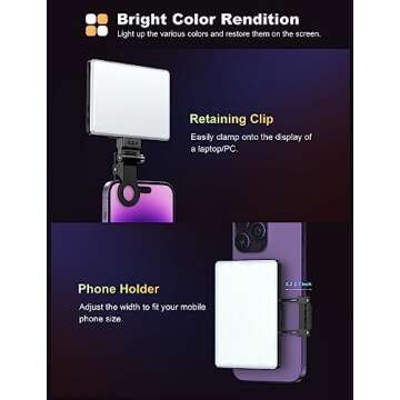 60 LED Selfie Light, Clip-on Rechargeable Phone Light with CRI 95+, 3 Color Temperatures, 10 Brightness Levels, Portable Video Light for Makeup, Selfies, TikTok, Vlog, Video Conference, Live Stream