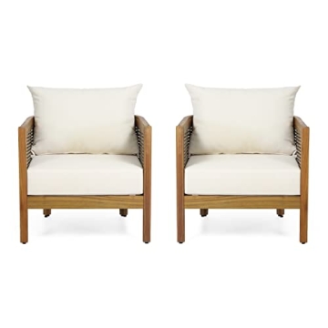 Christopher Knight Home Burchett Outdoor Acacia Wood Club Chairs with Cushions, Beige, Brown