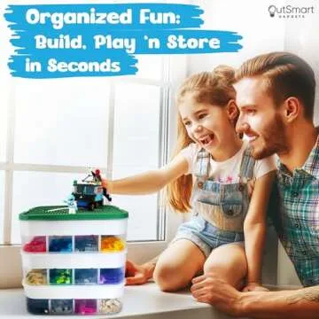 Outsmart Gadgets Plastic Stackable Toy Storage Organizer Bin for Lego, Building Bricks, Dolls and Crafts Organization, 3 Layers with Adjustable Compartments,ABC Stickers and 2 Lids Included