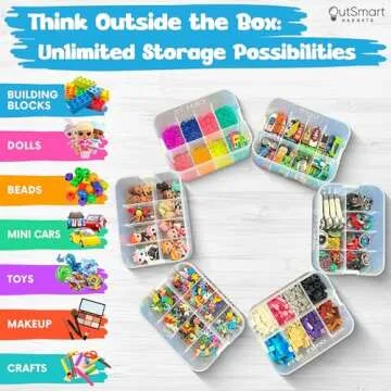 Outsmart Gadgets Plastic Stackable Toy Storage Organizer Bin for Lego, Building Bricks, Dolls and Crafts Organization, 3 Layers with Adjustable Compartments,ABC Stickers and 2 Lids Included