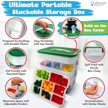 Outsmart Gadgets Plastic Stackable Toy Storage Organizer Bin for Lego, Building Bricks, Dolls and Crafts Organization, 3 Layers with Adjustable Compartments,ABC Stickers and 2 Lids Included