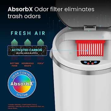 iTouchless 13 Gallon Trash Can with Odor Filter, Round White Stainless Steel Trashcan Garbage Bin for Home Office Work Bedroom Living Room Garage Large Capacity Slim Wastebasket