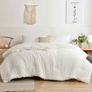 Nanko White Full Comforter Set - Tufted Jacquard Boho Decor, 3pc