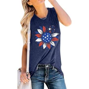 Womens Sunflower Graphic American Flag Tank Top USA Stars Stripes Printed Sleeveless T Shirts Round ...