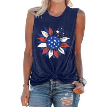 Womens Sunflower Graphic American Flag Tank Top USA Stars Stripes Printed Sleeveless T Shirts Round Neck Independence Day Tee Funny Patriotic Shirts, Dark Blue Medium
