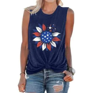 Womens Sunflower Graphic American Flag Tank Top USA Stars Stripes Printed Sleeveless T Shirts Round Neck Independence Day Tee Funny Patriotic Shirts, Dark Blue Medium