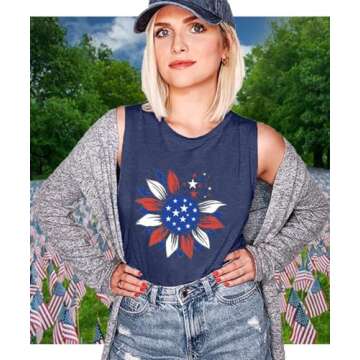 Womens Sunflower Graphic American Flag Tank Top USA Stars Stripes Printed Sleeveless T Shirts Round Neck Independence Day Tee Funny Patriotic Shirts, Dark Blue Medium