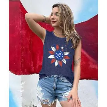 Womens Sunflower Graphic American Flag Tank Top USA Stars Stripes Printed Sleeveless T Shirts Round Neck Independence Day Tee Funny Patriotic Shirts, Dark Blue Medium