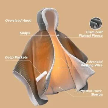Bedsure Heated Blanket Wearable Shawl - Electric Wrap Poncho Blanket Hoodie for Adult, Winter Gifts for Mom Women Girlfriend Grandma, Warm Sherpa Heating Throw, Auto Shut Off, 50x64 inches, Grey