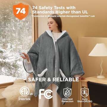 Bedsure Heated Blanket Wearable Shawl - Electric Wrap Poncho Blanket Hoodie for Adult, Winter Gifts for Mom Women Girlfriend Grandma, Warm Sherpa Heating Throw, Auto Shut Off, 50x64 inches, Grey