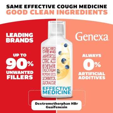 Genexa Clean Cough & Chest Congestion Relief, Dye Free, 0% Artificial Additives, Multi-Symptom Maximum Strength Relief Cough Syrup, Cough Suppressant & Expectorant, Organic Blueberry Flavor, 6 fl oz
