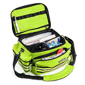 Scherber First Responder Fully-Stocked Professional Essentials EMT/EMS Trauma Kit | HSA/FSA Approved | Reflective Bag w/8 Zippered Pockets & Compartments & 200+ First Aid Supplies - Yellow