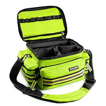 Scherber First Responder Fully-Stocked Professional Essentials EMT/EMS Trauma Kit | HSA/FSA Approved | Reflective Bag w/8 Zippered Pockets & Compartments & 200+ First Aid Supplies - Yellow