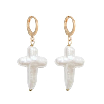 Gold Baroque Pearl Cross Earrings - Luxury Religious Jewelry