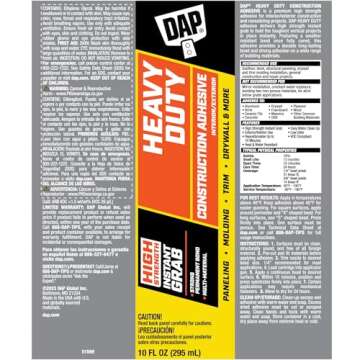 DAP 9Oz 27509 10 Oz DynaGrip Heavy Duty Exterior & Interior Construction Adhesive, 9 Ounce, Off-White
