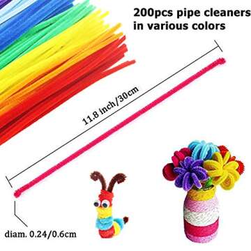 Pipe Cleaners Craft Set with DIY Tutorial, Included 200Pcs Pipe Cleaners, 200Pcs Pom Poms, 200Pcs Self-Sticking Wiggle Googly Eyes, Assorted Colors and Assorted Sizes for DIY Art Craft