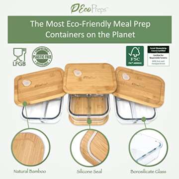 EcoPreps Glass Bento Box Containers with Bamboo Lids, 3 Compartment Glass Meal Prep Containers [3 Pa...