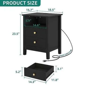 DWVO Set of 2 Nightstand with Charging Station, Night Stands with 2 Drawers, Wooden Modern Bedside Table for Bedroom, Black