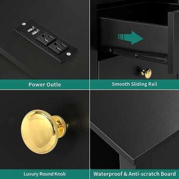 DWVO Set of 2 Nightstand with Charging Station, Night Stands with 2 Drawers, Wooden Modern Bedside Table for Bedroom, Black