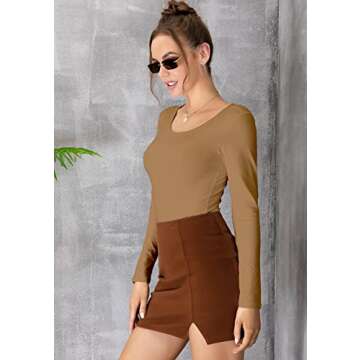 MANGDIUP Women's Crew Neck Long Sleeve Bodysuit - Stretch Cotton Jumpsuit, Comfortable Everyday Wear（Khaki-L）