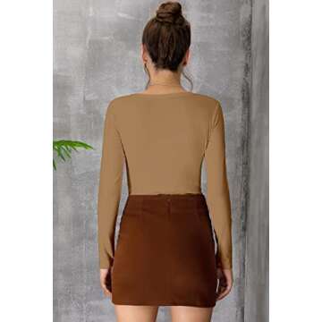 MANGDIUP Women's Crew Neck Long Sleeve Bodysuit - Stretch Cotton Jumpsuit, Comfortable Everyday Wear（Khaki-L）