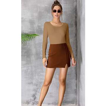 MANGDIUP Women's Crew Neck Long Sleeve Bodysuit - Stretch Cotton Jumpsuit, Comfortable Everyday Wear（Khaki-L）