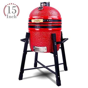 London Sunshine Ceramic Kamado Charcoal BBQ Grill and Smoker, Stainless Steel Grates -15" Ceramic with Tall Stand (RED)
