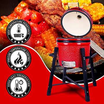 London Sunshine Ceramic Kamado Charcoal BBQ Grill and Smoker, Stainless Steel Grates -15" Ceramic with Tall Stand (RED)