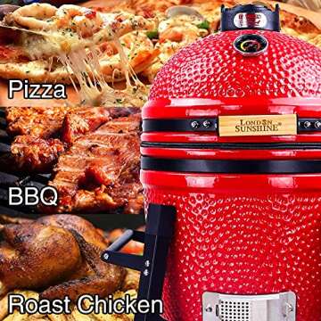 London Sunshine Ceramic Kamado Charcoal BBQ Grill and Smoker, Stainless Steel Grates -15" Ceramic with Tall Stand (RED)