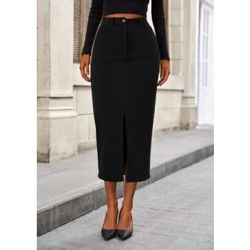 PRETTYGARDEN Women's Fall Midi Pencil Skirts Dressy Casual Work Office High Waisted Trendy Winter Corduroy Skirt with Slit (Black,14)