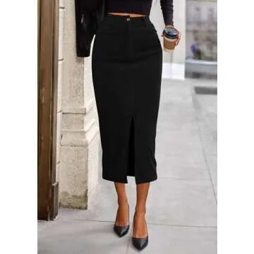 PRETTYGARDEN Women's Fall Midi Pencil Skirts Dressy Casual Work Office High Waisted Trendy Winter Corduroy Skirt with Slit (Black,14)