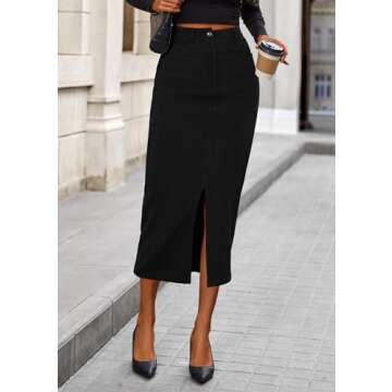 PRETTYGARDEN Women's Fall Midi Pencil Skirts Dressy Casual Work Office High Waisted Trendy Winter Corduroy Skirt with Slit (Black,14)