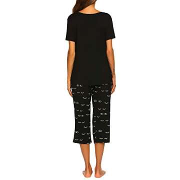MAXMODA Women's Cotton Short Sleeve O-Neck Sleepwear with Capri Pant Pajama Set Black M