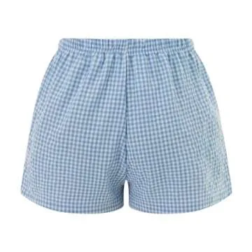 Women Y2k Pajamas Shorts Micro Button Boxers Elastic Waist Cute Pj Bottoms Summer Plaid Lounge Short (A White Blue, M)