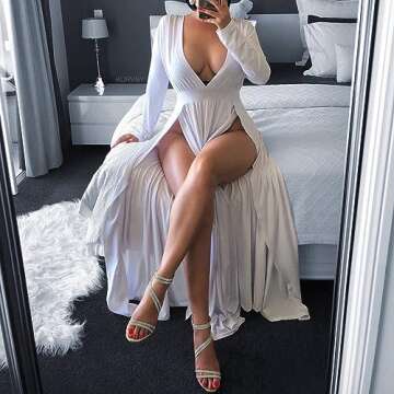 SILUI Women's Summer 2025 Sexy Double High Slit Deep V Neck Plus Size Sundresses Thigh Split Maxi Cl...