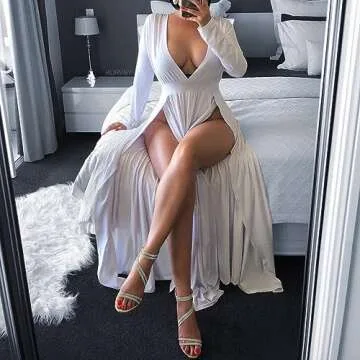 SILUI Women's Summer 2025 Sexy Double High Slit Deep V Neck Plus Size Sundresses Thigh Split Maxi Cl...